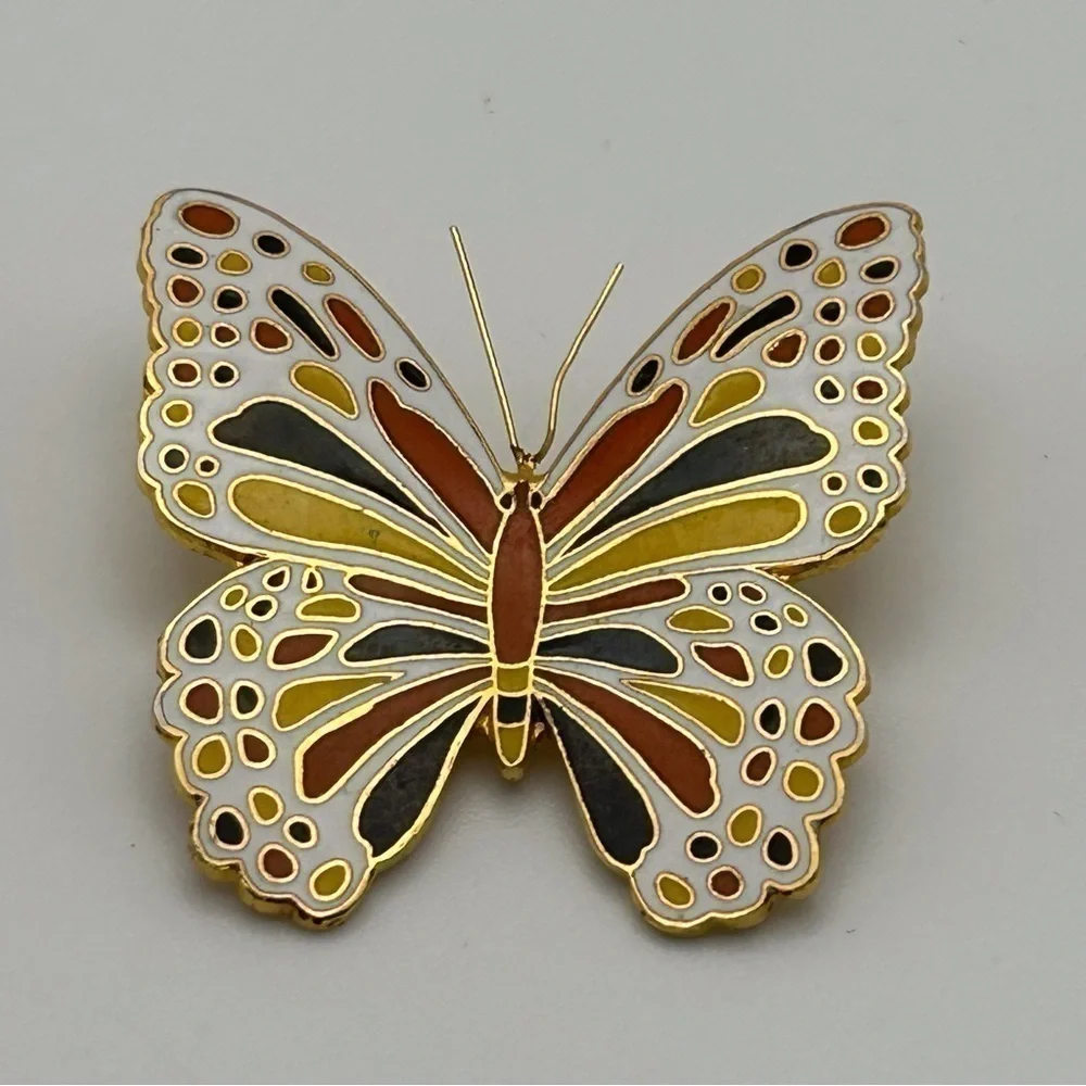 Small Gold Tone Butterfly Brooch White, Black and Orange Nature Beautiful